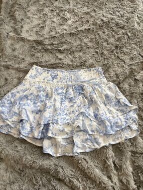 Hollister White Mini Skirt with Light Blue Floral Ruffles